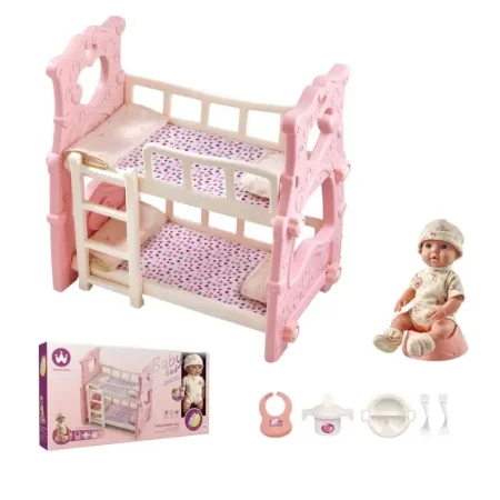 سرير دمى بطابقين مع دمية وإكسسوارات